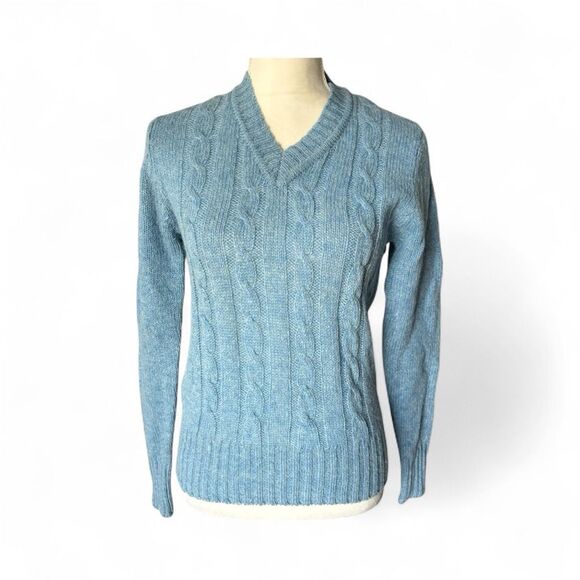 Vintage Cable Knit 100% Pure Wool Icy Blue size S Alice Blues V-Neck Sweater - Picture 1 of 8